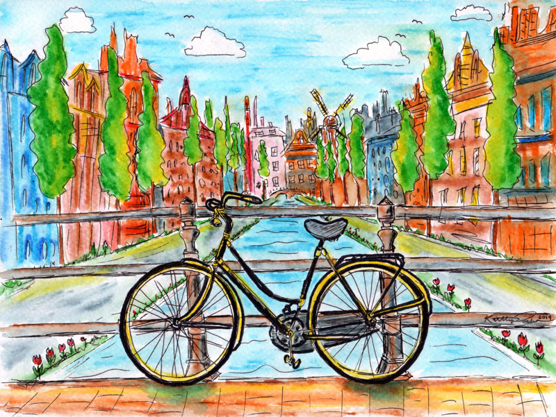 Biking in Amsterdam Watercolor Illustration